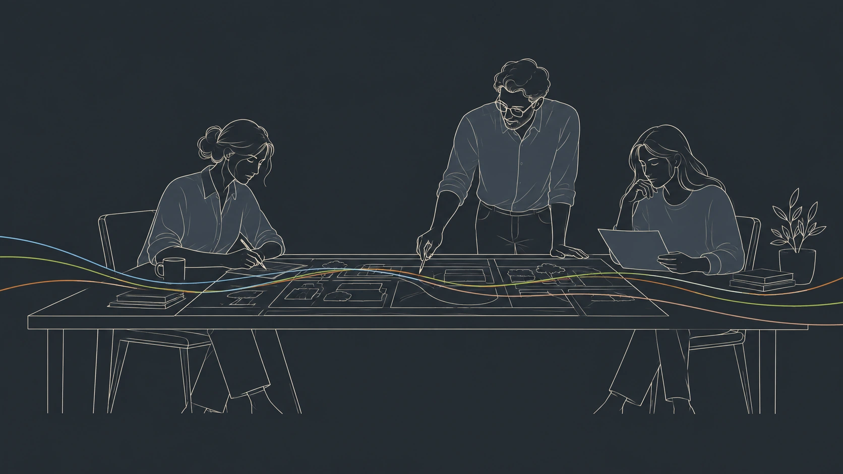 Three people working on a shared plan, connected by four colored lines